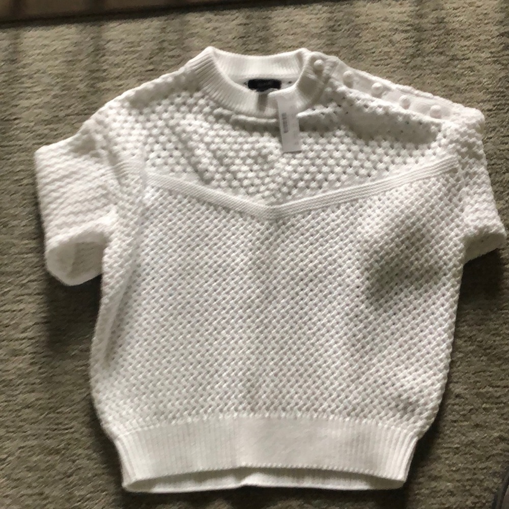 Elbow sleeve sweater w/ crocheted shoulder buttons